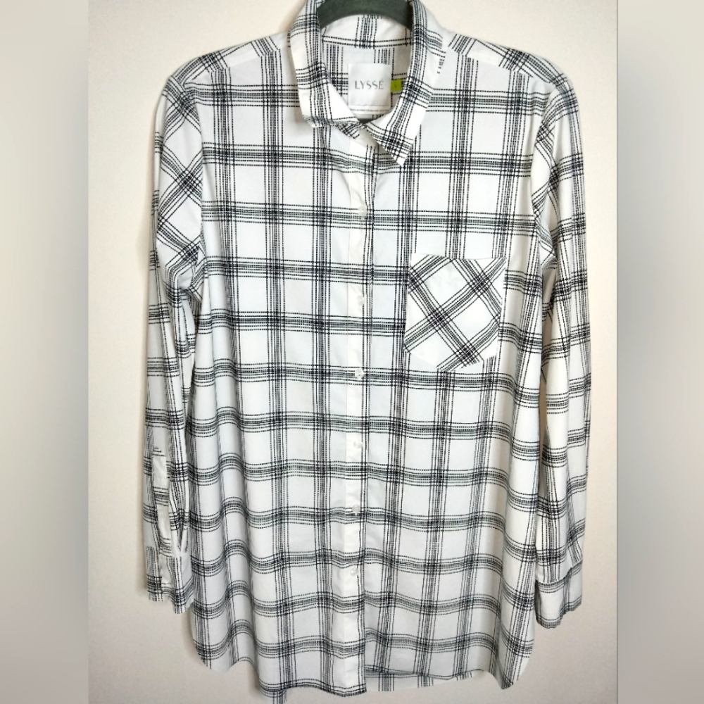 LYSSE' (Size L) Black & White Plaid Windowpane Button Down Front LS Tunic Shirt